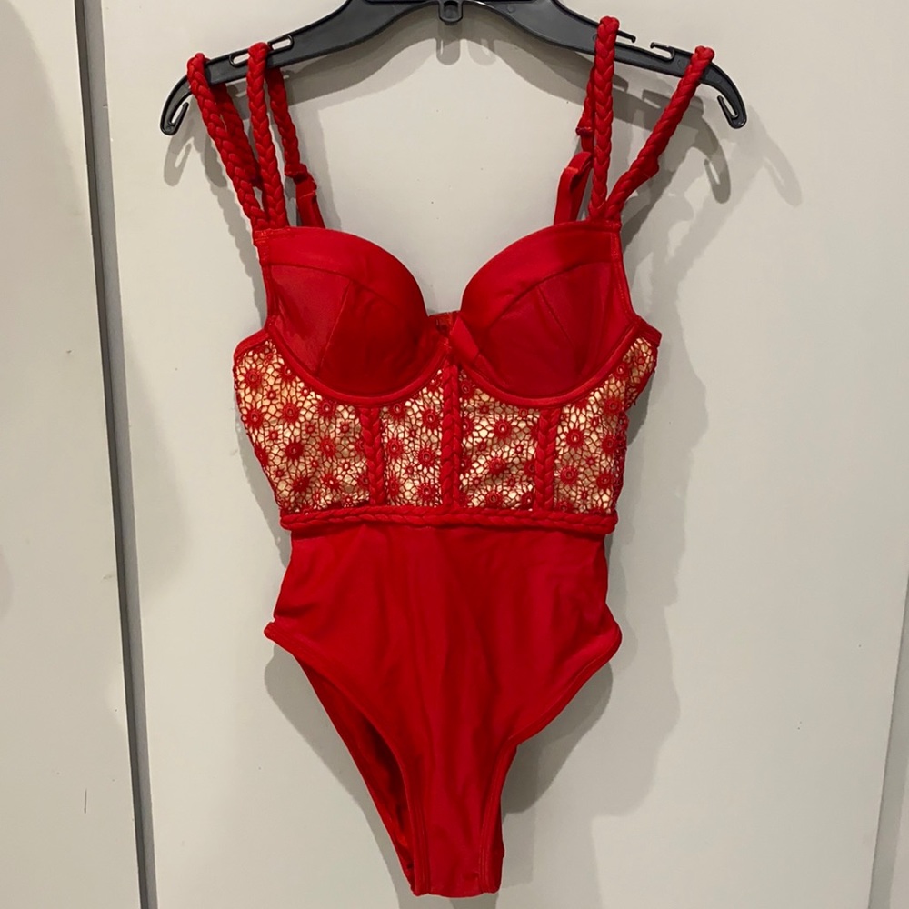 Red Braided Floral Asos Swimsuit Bodysuit 34A Built in Bra S